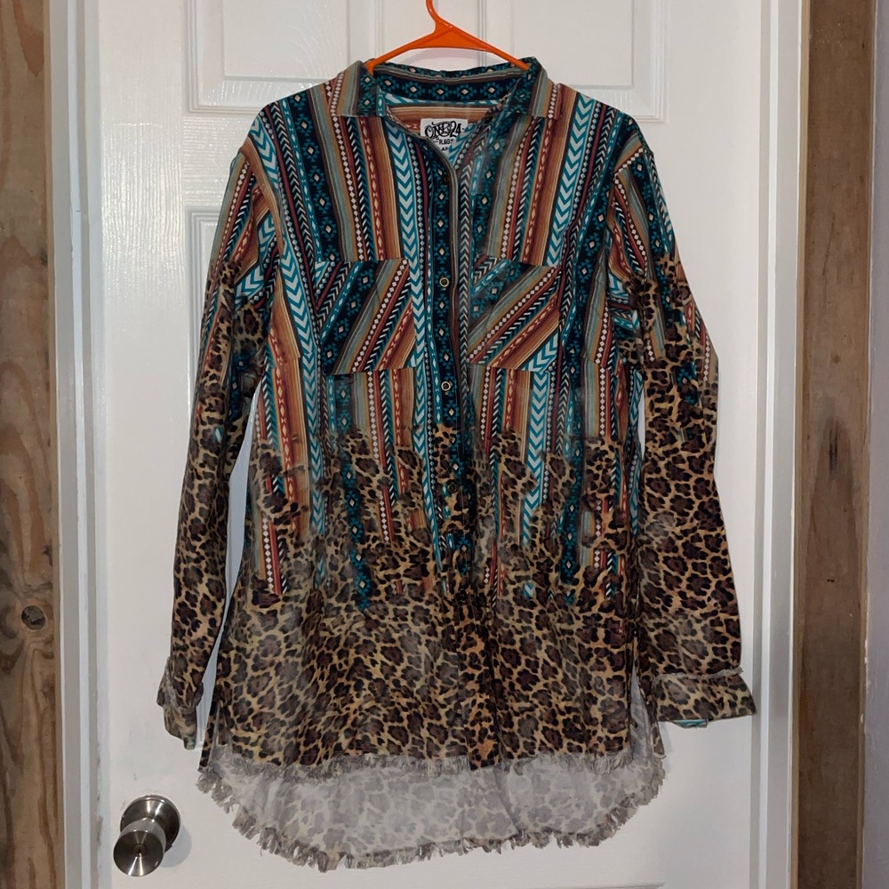 One 4 Rags Aztec Print Button-Up Shirt - Teal & Rust